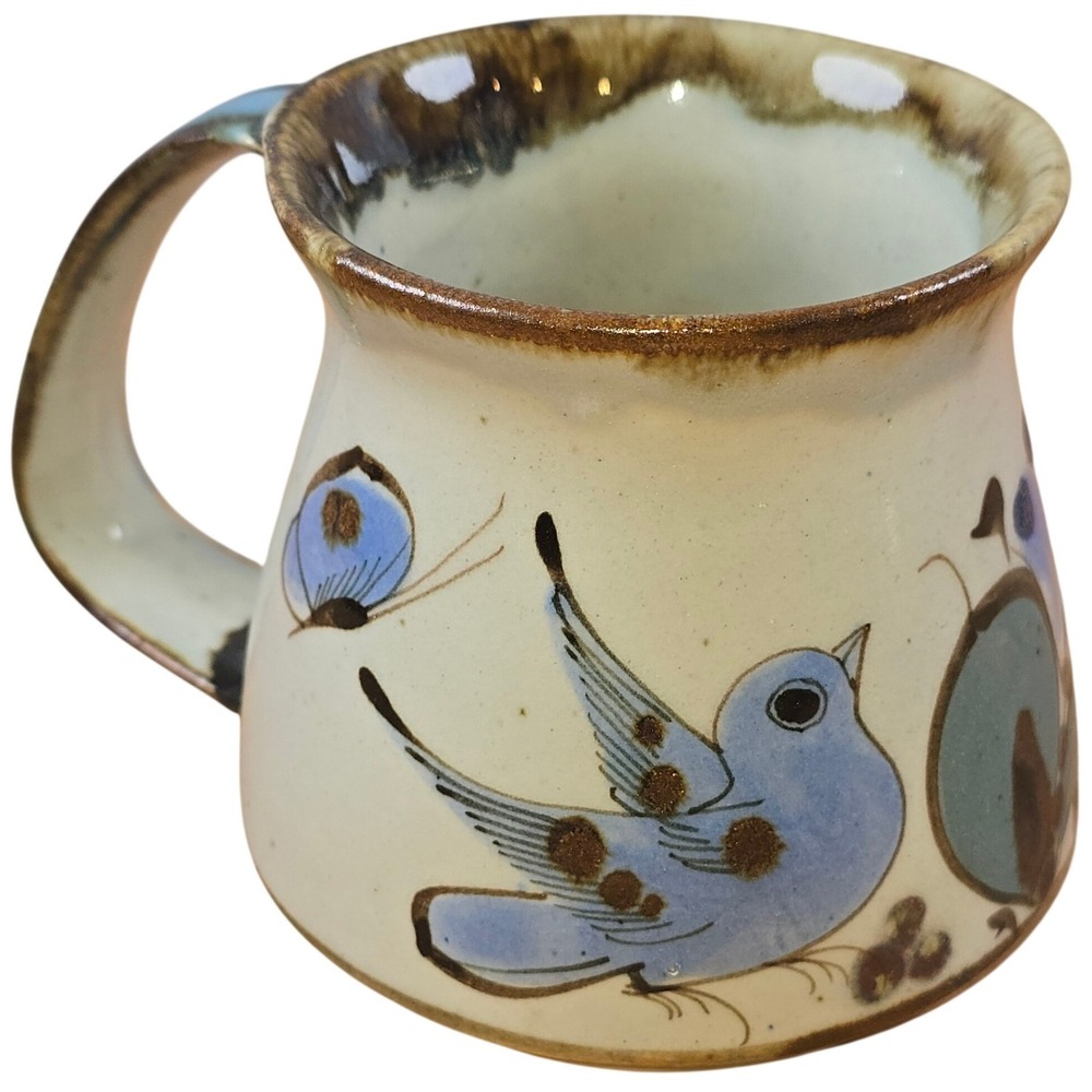 Tonala small 4" Ceramic Mug Blue Bird Flowers Hand-Painted Mexico Vtg Dish